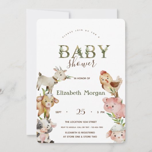 Invitation Aquarelle Animaux de ferme Baby shower stable (Devant)