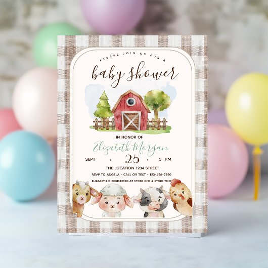 Invitation Aquarelle Animaux de ferme Barnyard Baby shower
