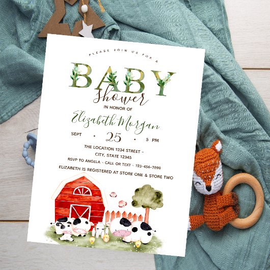 Invitation Aquarelle Animaux de ferme Vaches Poulets Baby sho