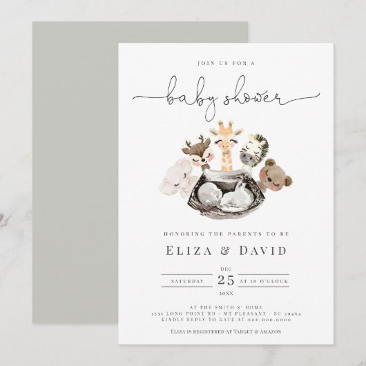 Invitation Aquarelle Animaux Faux Baby shower Or moderne (Devant / Derrière)