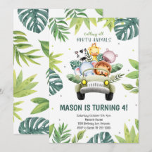 Aquarelle Animaux Safari Voiture Anniversaire Invi