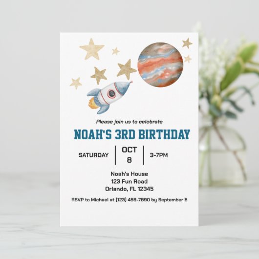 Invitation Aquarelle Anniversaire de enfant de l'espace extra (Debout devant)