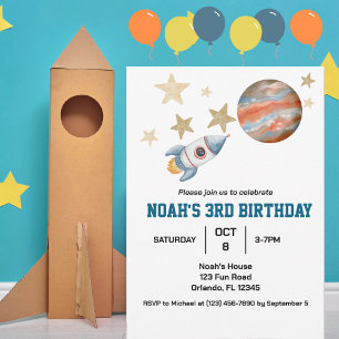 Invitation Aquarelle Anniversaire de enfant de l'espace extra