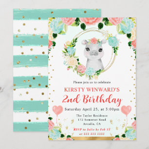 Invitation Aquarelle Anniversaire Enfants Hippopotame Jungle