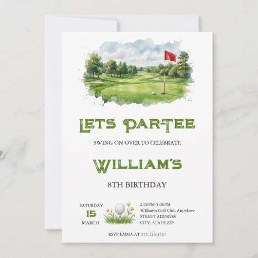 Invitation Aquarelle Anniversaire Parcours de Golf Par-Tee (Devant)