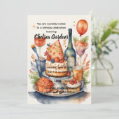 Invitation Aquarelle Anniversaire Vin Gâteau Nourriture (Debout devant)