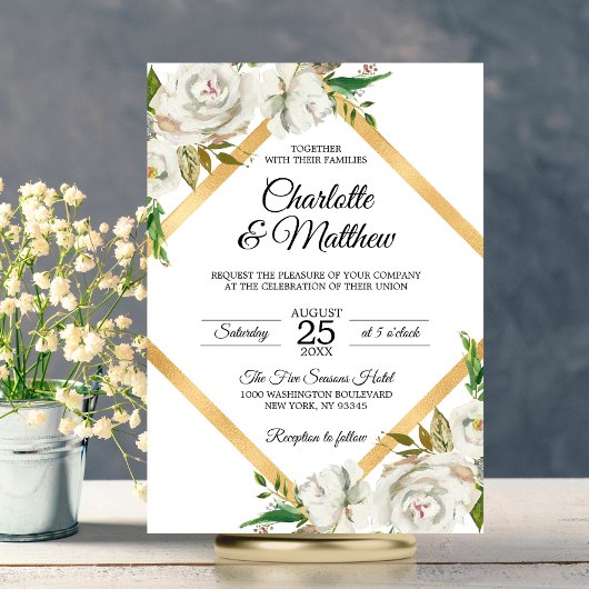 Invitation Aquarelle Antique Blanc Or Floral Mariage