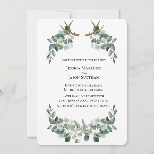Invitation Aquarelle Antler & Eucalyptus Viking Mariage (Devant)