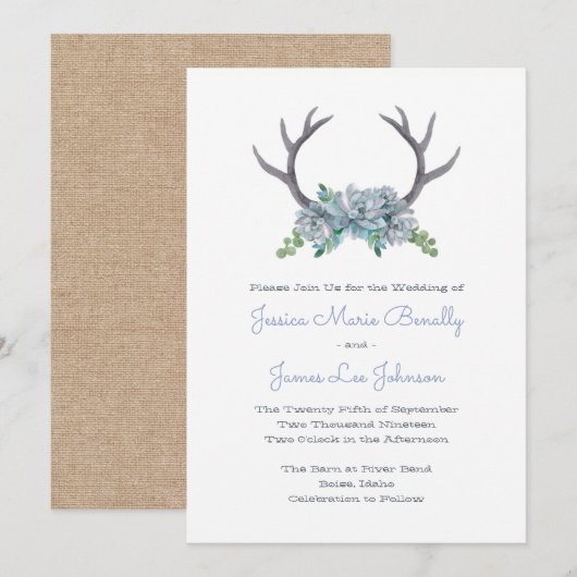 Invitation Aquarelle Antlers et Mariage campagnard Echeveria (Devant / Derrière)