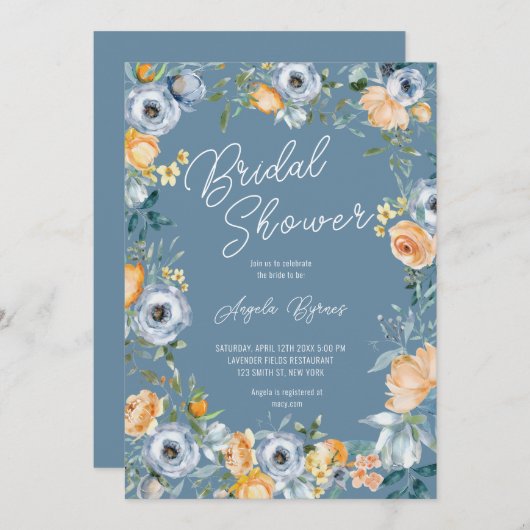 Invitation Aquarelle Apricot Pastel Bleu Fleurs sauvages (Devant / Derrière)