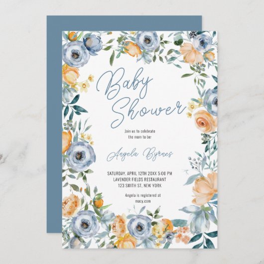 Invitation Aquarelle Apricot Pastel Bleu Fleurs sauvages (Devant / Derrière)