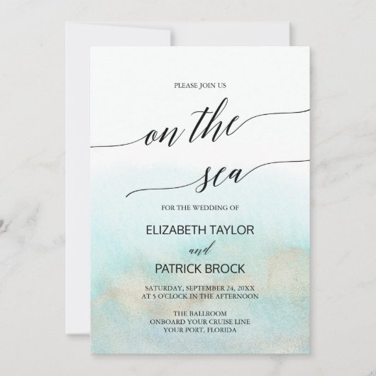 Invitation Aquarelle Aqua et Gold sur le Mariage Sea Cruise (Devant)