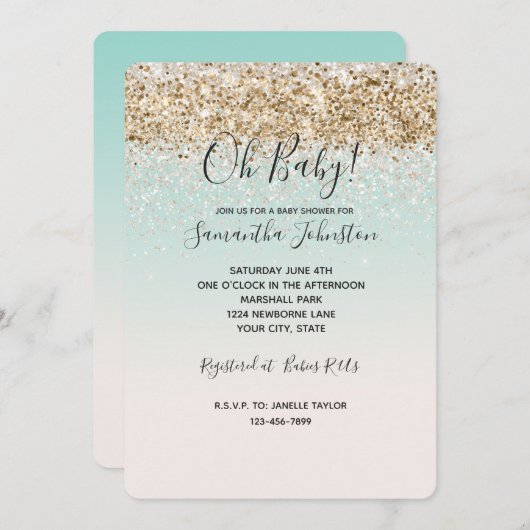 Invitation Aquarelle Aqua Ombre or confetti blanc parties sci (Devant / Derrière)
