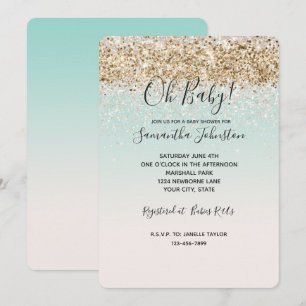 Invitation Aquarelle Aqua Ombre or confetti blanc parties sci