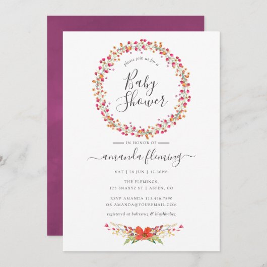 Invitation Aquarelle Aquarelle Fleur sauvage Baby shower (Devant / Derrière)