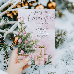 Invitation aquarelle Arbre de Noël rose 1er anniversaire