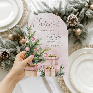 Invitation aquarelle Arbre de Noël rose 1er anniversaire
