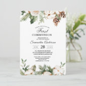 Invitation Aquarelle Arbre de pin vert d'hiver et fleurs blan (Debout devant)