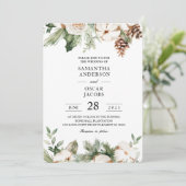 Invitation Aquarelle Arbre de pin vert d'hiver et fleurs blan (Debout devant)