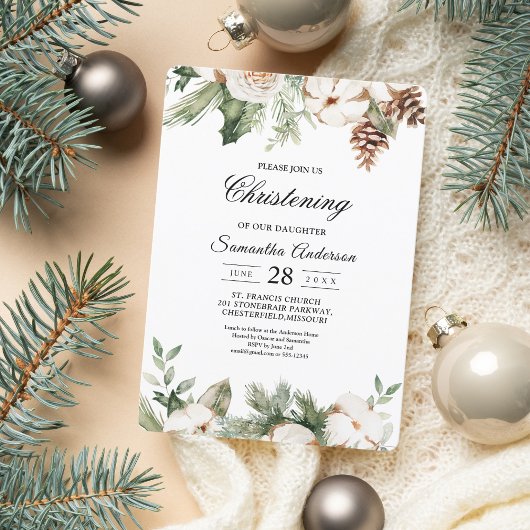 Invitation Aquarelle Arbre de pin vert d'hiver et fleurs blan