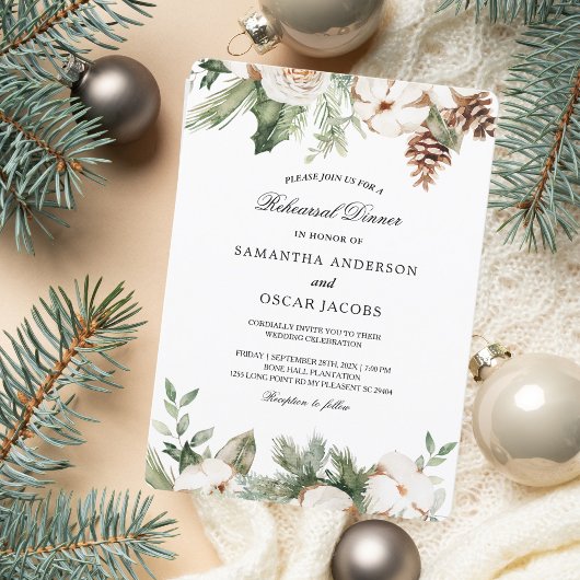 Invitation Aquarelle Arbre de pin vert d'hiver et fleurs blan