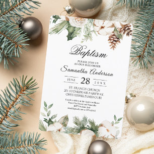 Invitation Aquarelle Arbre de pin vert d'hiver et fleurs blan