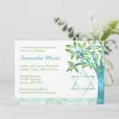 Invitation Aquarelle Arbre de vie Bat mitzvah vert Turquoise (Debout devant)