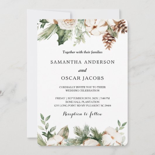 Invitation Aquarelle Arbre Vert Pin et Fleurs Blanches d'Hive (Devant)