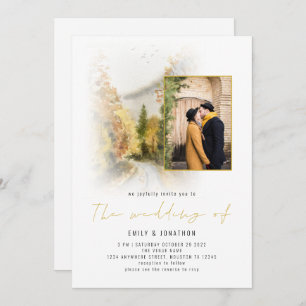 Invitation Aquarelle Arbres d'automne Photo QR Code Gold Mari