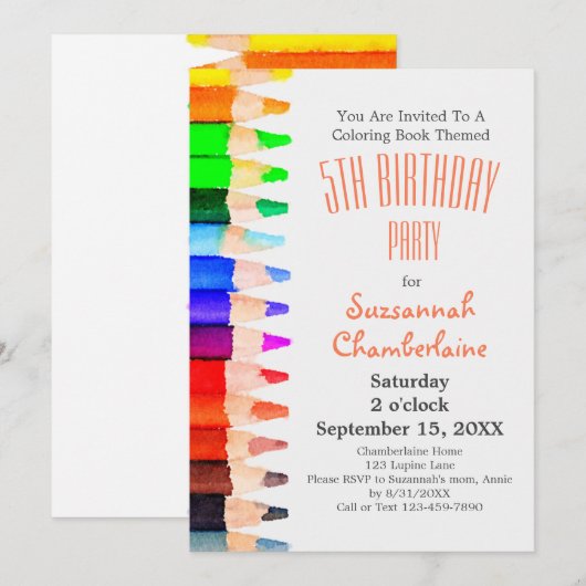 Invitation Aquarelle Arc-en-ciel Couleur crayons Fête des enf (Devant / Derrière)