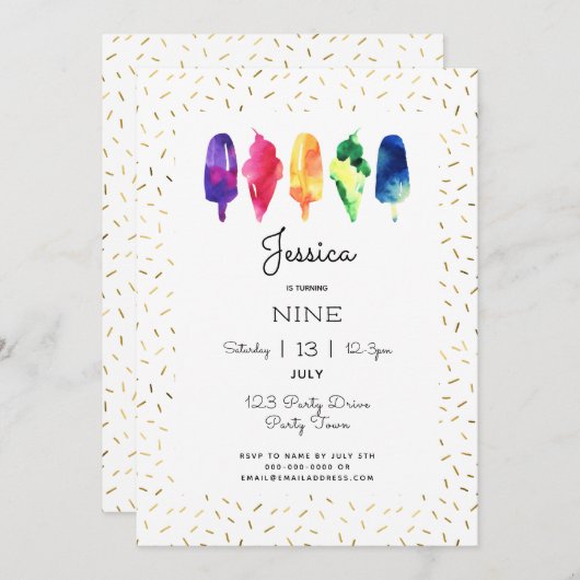 Invitation Aquarelle arc-en-ciel Crème glacée Pop d'or élégan (Devant / Derrière)