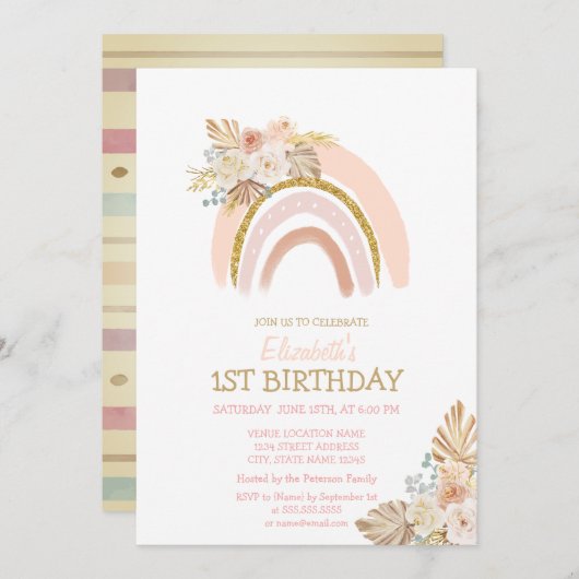 Invitation Aquarelle Arc-en-ciel Fleurs Boho rayées Anniversa (Devant / Derrière)