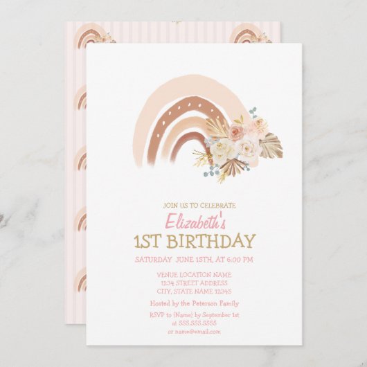 Invitation Aquarelle Arc-en-ciel Fleurs Boho rayées Anniversa (Devant / Derrière)