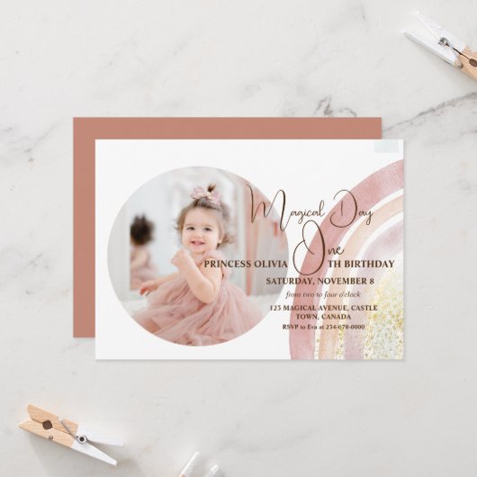 Invitation Aquarelle arc-en-ciel mignonne Photo 1er anniversa (Devant/Arrière en situation)