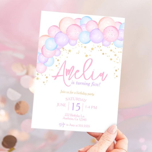 Invitation Aquarelle arc-en-ciel pastel ballon anniversaire
