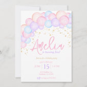 Invitation Aquarelle arc-en-ciel pastel ballon anniversaire (Devant)