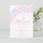 Invitation Aquarelle arc-en-ciel pastel ballon anniversaire (Debout devant)