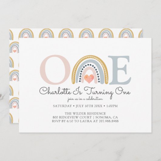 Invitation Aquarelle Arc-en-ciel premier anniversaire (Devant / Derrière)