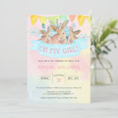 Invitation Aquarelle arc-en-ciel Rabbits Baby shower fille (Debout devant)