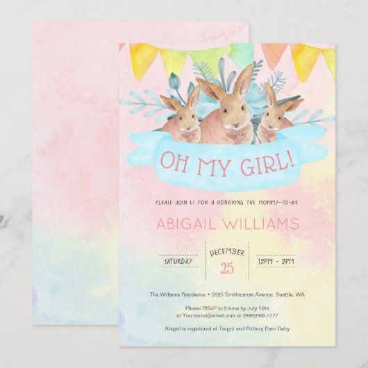 Invitation Aquarelle arc-en-ciel Rabbits Baby shower fille (Devant / Derrière)