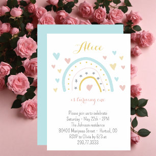 Invitation Aquarelle arc-en-ciel rose bleu 1er anniversaire