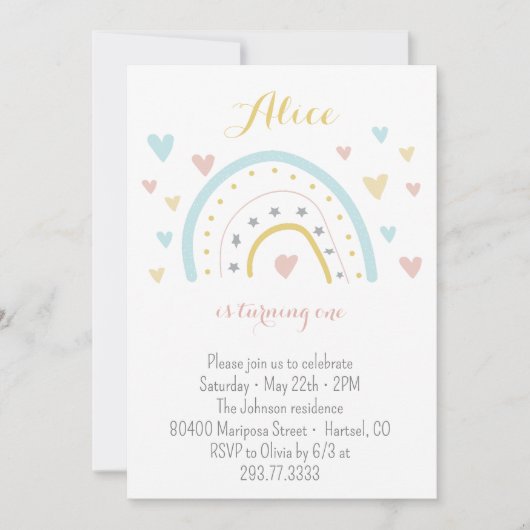 Invitation Aquarelle arc-en-ciel rose bleu 1er anniversaire (Devant)