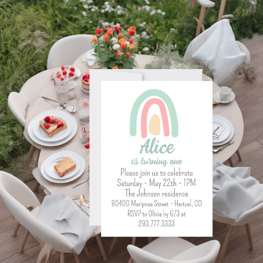 Invitation Aquarelle arc-en-ciel vert rose jaune 1er annivers