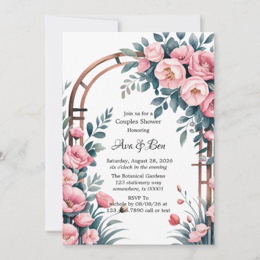 Invitation Aquarelle Arch rose & Bleu Fleurs Couples Douche (Devant)