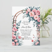 Invitation Aquarelle Arch rose & Bleu Fleurs Couples Douche (Debout devant)