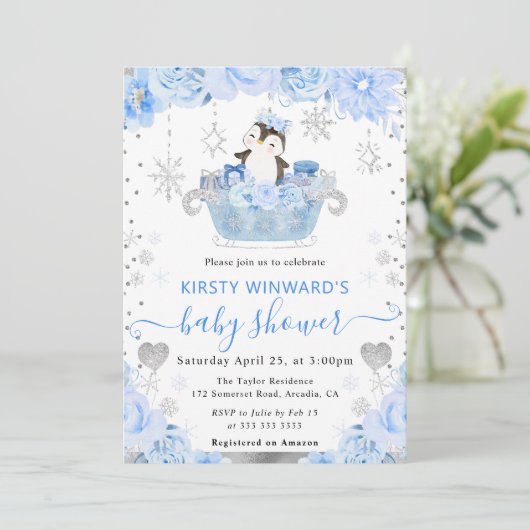 Invitation Aquarelle Arctic Penguin Baby shower Floral (Debout devant)
