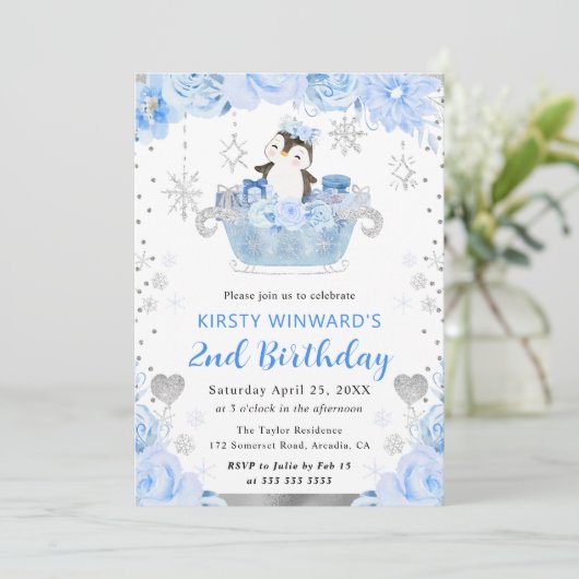 Invitation Aquarelle Arctic Penguin Floral 2e anniversaire (Debout devant)