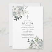 Invitation Aquarelle Argent Sage Floral Baptême (Devant)