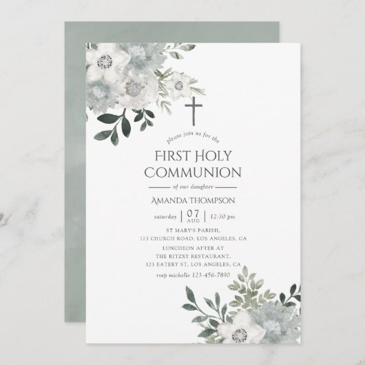 Invitation Aquarelle Argent Sage Floral First Holy Communion (Devant / Derrière)