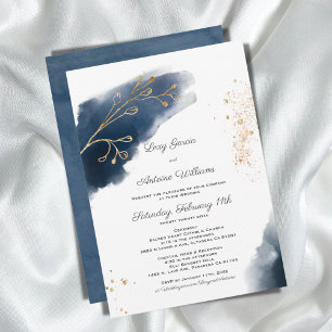 Invitation Aquarelle artistique Encre marine Mariage bleu or